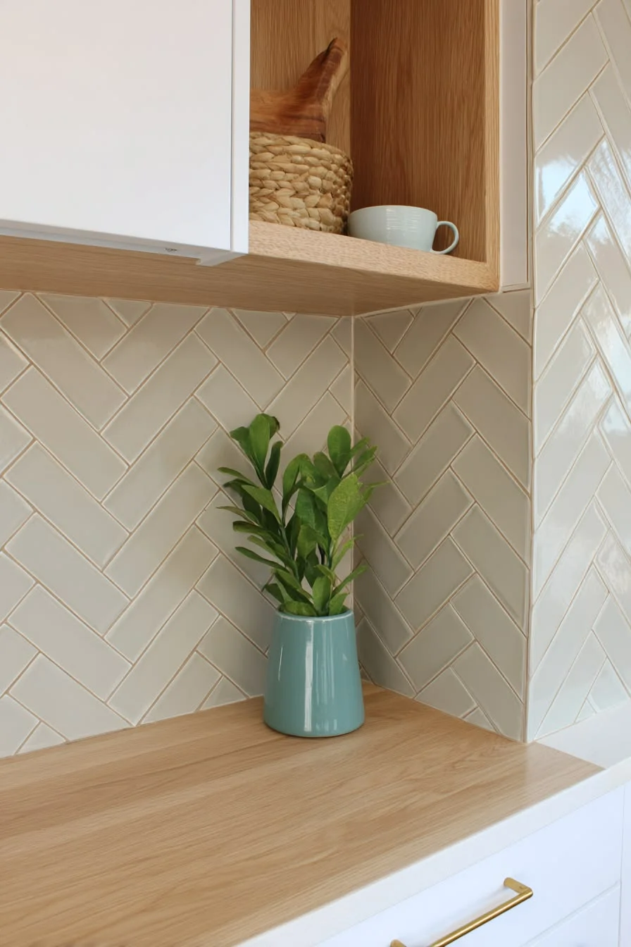 Kitchen corner with cream herringbone tile backsplash, wood countertop, and white cabinets