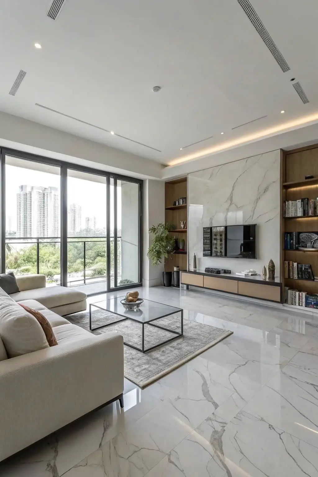 Luxury living room with large-format white marble porcelain floor tiles installed