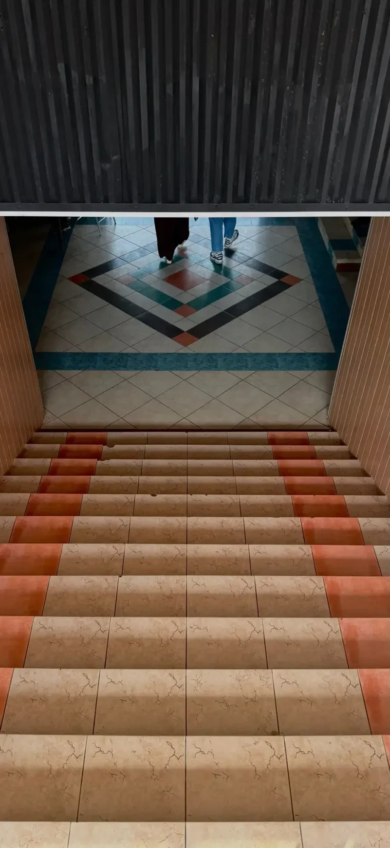 Tiled staircase with terracotta and beige geometric floor pattern visible above
